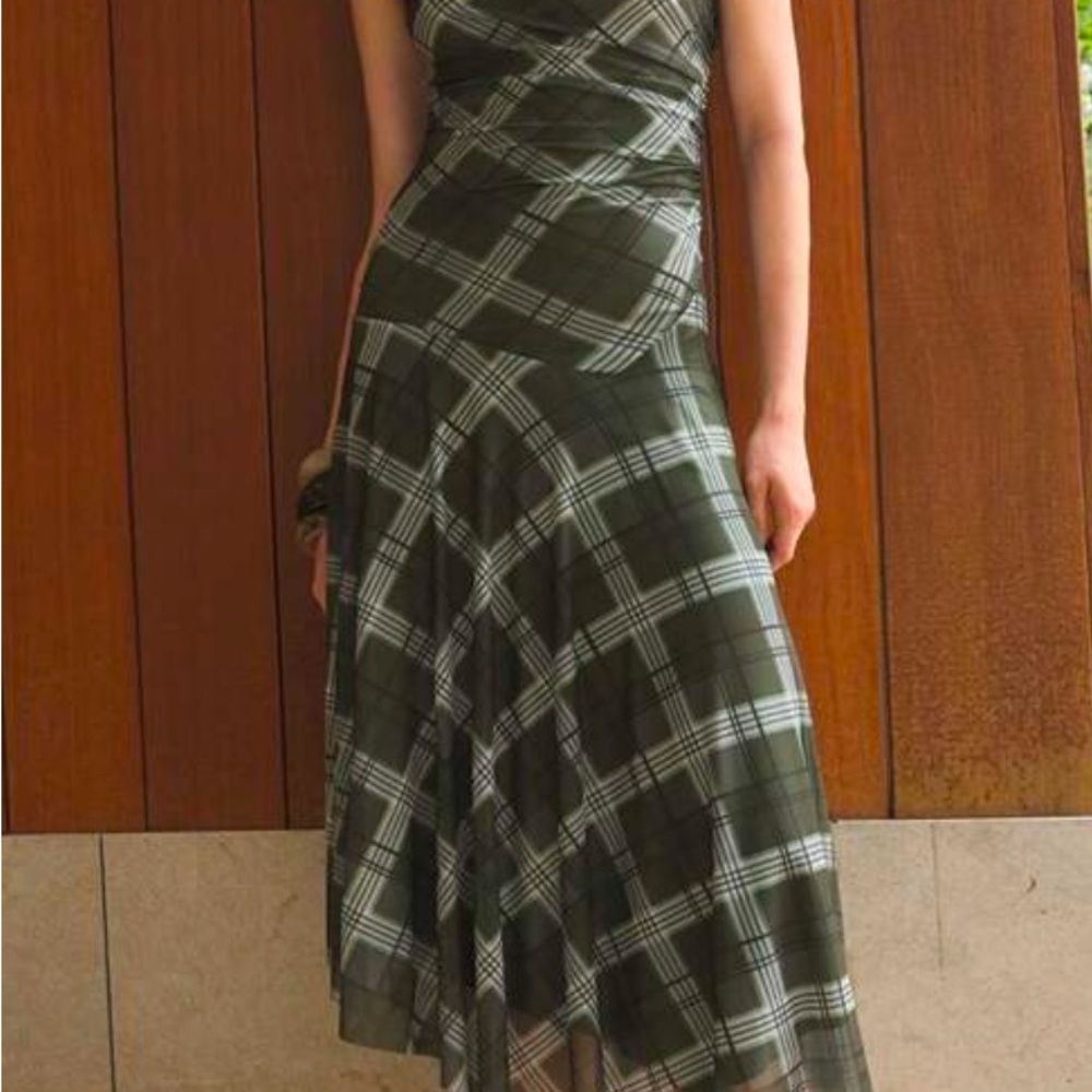 Ulla-Maija Asymmetrical Plaid Dress in Green and White